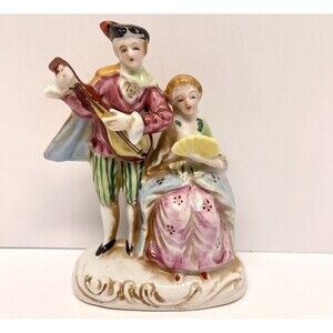 Vintage Occupied Japan Colonial Couple Figurine Man with Mandolin Lady w/ Fan 5"
